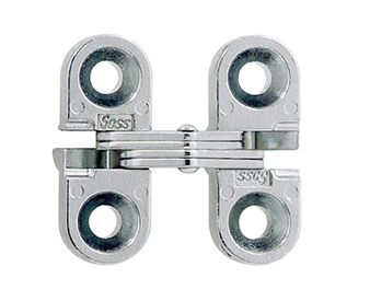Silver SOSS invisible hinge with four mounting holes on a white background.