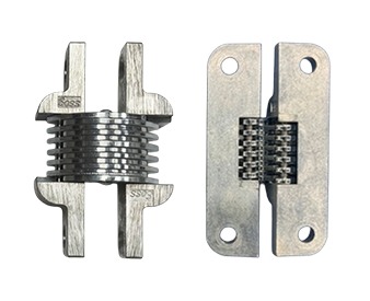 Two views of a silver SOSS invisible barrel hinge on a white background.
