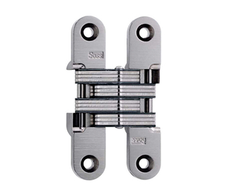 Silver SOSS invisible hinge with four countersunk mounting holes on a white background.