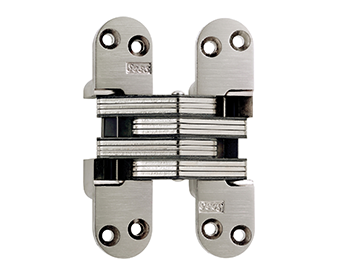 Silver SOSS invisible hinge with eight countersunk mounting holes on a white background.