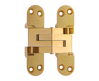 Brass SOSS invisible hinge with eight countersunk mounting holes on a white background.