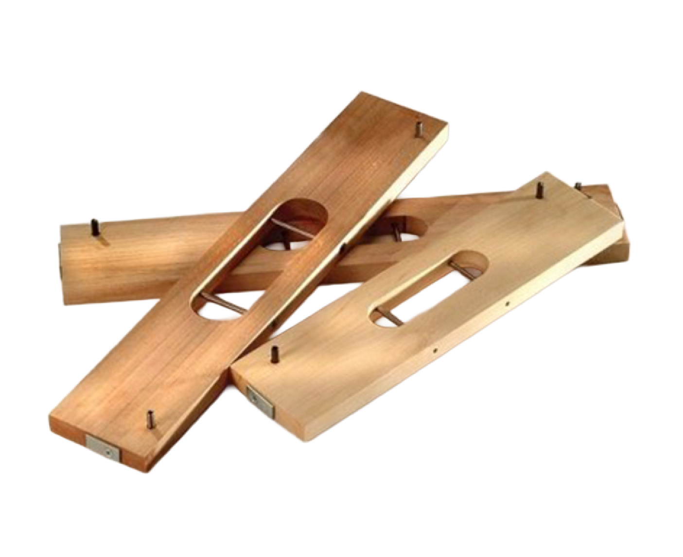 Wooden SOSS invisible hinge installation template with routed hinge openings.