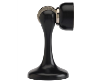 Oil rubbed bronze magnetic door holder and stop on a white background.