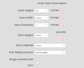 Screenshot of SOSS hinge calculator showing door information fields to enter for results.