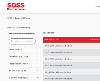 Screenshot of SOSS document library filtering table showing installation documents results.