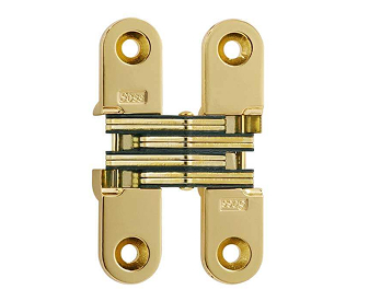 Brass SOSS invisible hinge with four mounting holes and concealed center plates.