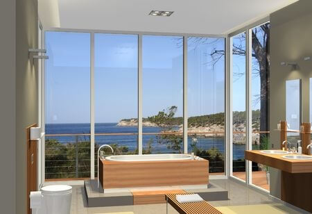 sauna or bathtub in foreground with beach view