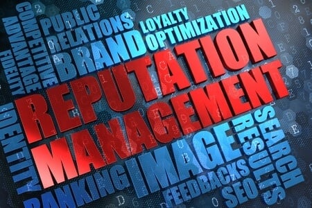 reputation management - red main word with blue wordcloud on digital background.
